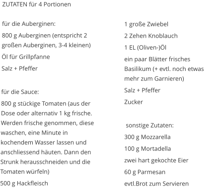 ZUTATEN für 4 Portionen   für die Auberginen:  800 g Auberginen (entspricht 2 großen Auberginen, 3-4 kleinen)  Öl für Grillpfanne  Salz + Pfeffer   für die Sauce:  800 g stückige Tomaten (aus der Dose oder alternativ 1 kg frische. Werden frische genommen, diese waschen, eine Minute in kochendem Wasser lassen und anschliessend häuten. Dann den Strunk herausschneiden und die Tomaten würfeln)  500 g Hackfleisch  1 große Zwiebel  2 Zehen Knoblauch  1 EL (Oliven-)Öl  ein paar Blätter frisches Basilikum (+ evtl. noch etwas mehr zum Garnieren)  Salz + Pfeffer  Zucker    sonstige Zutaten:  300 g Mozzarella  100 g Mortadella  zwei hart gekochte Eier  60 g Parmesan  evtl.Brot zum Servieren